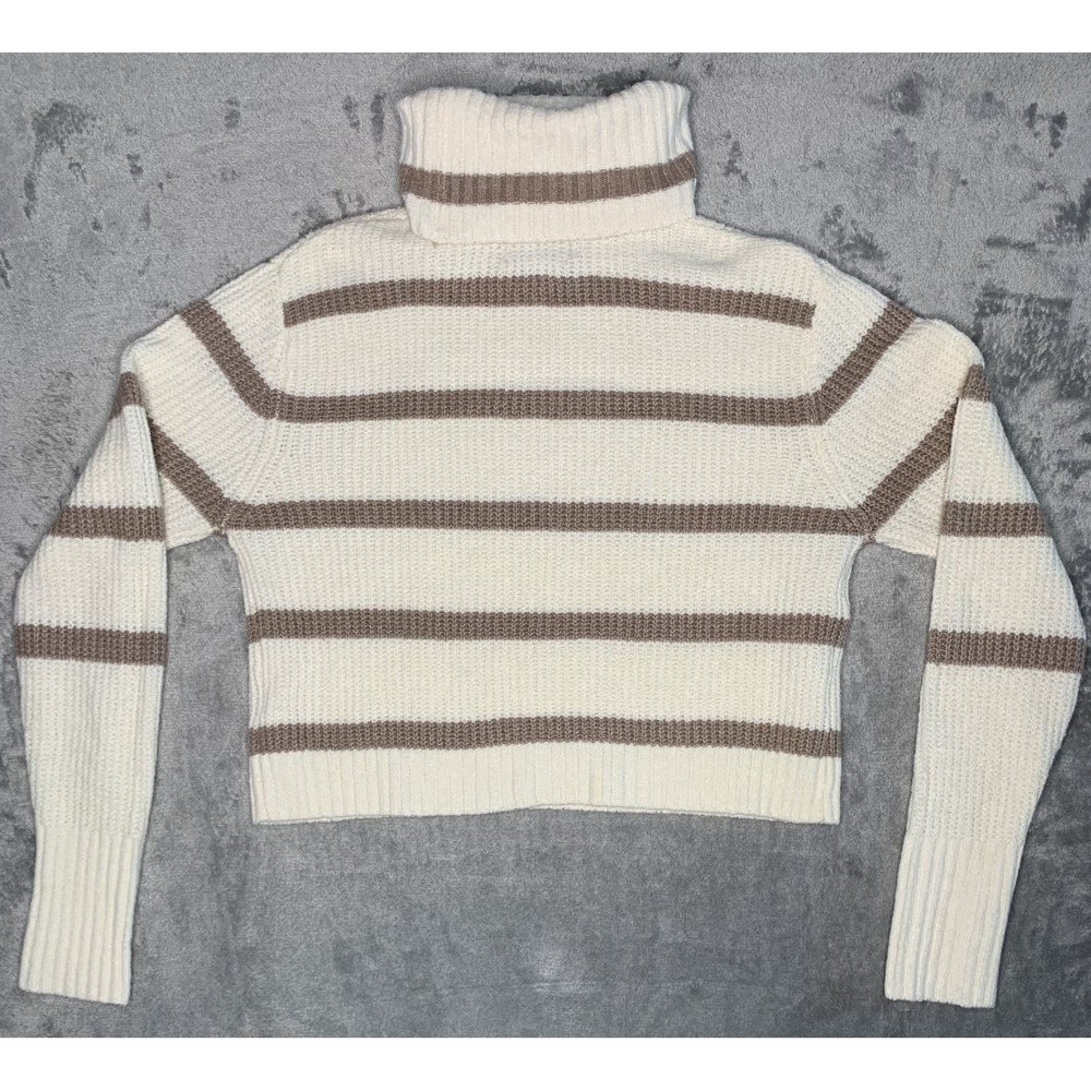 PINK ROSE Cream Brown striped Cowl Neck Cropped Knit Sweater Women's Size Small